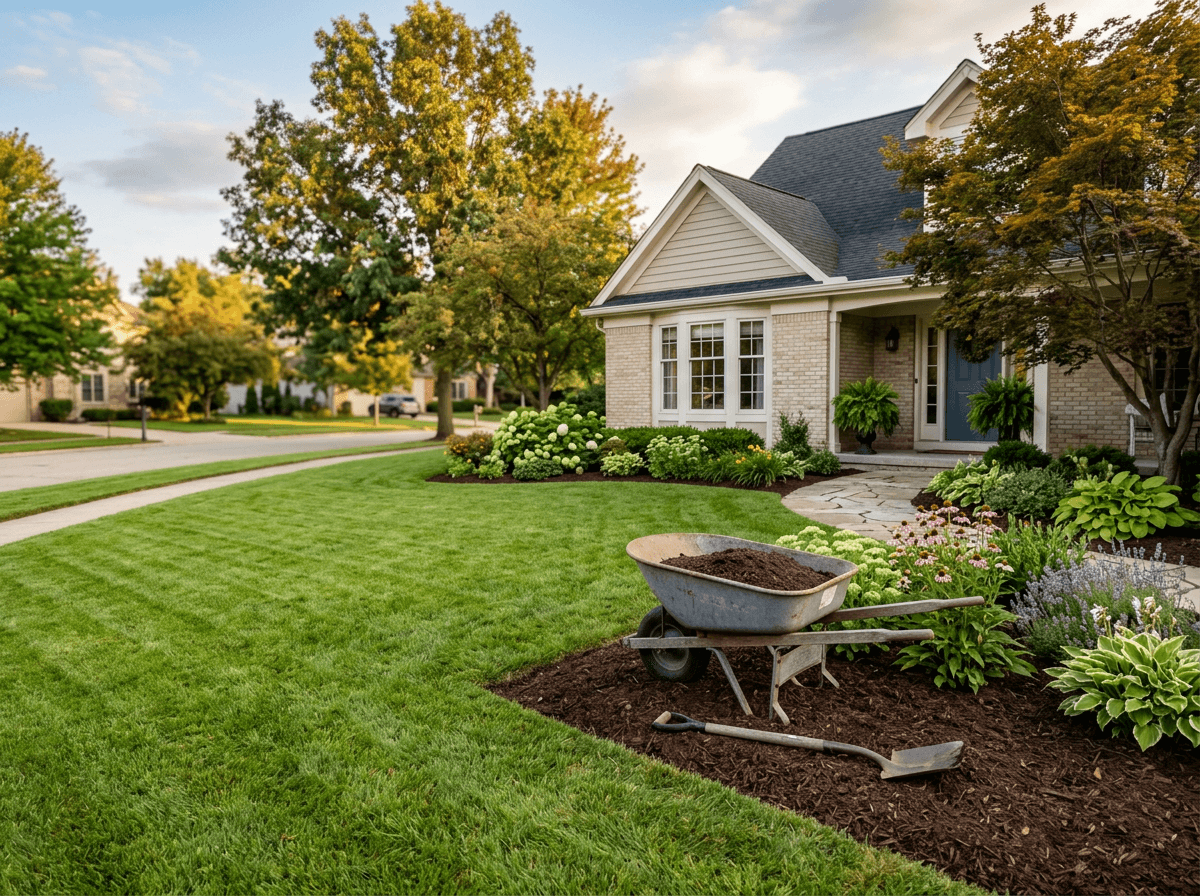 Well-kept front yard with a clean lawn edge and a freshly mulched bed in warm afternoon light