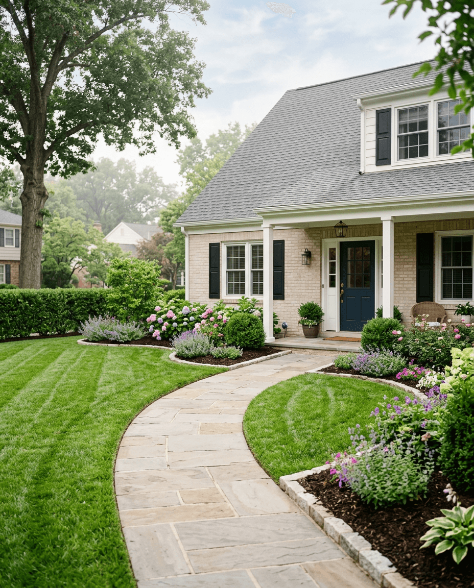 Welcoming home with a striped green lawn, flowering garden beds, and a curved stone walkway