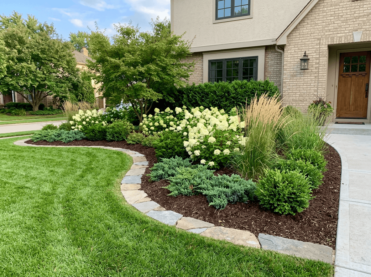 Layered garden bed with ornamental grasses and hydrangeas along a curved border