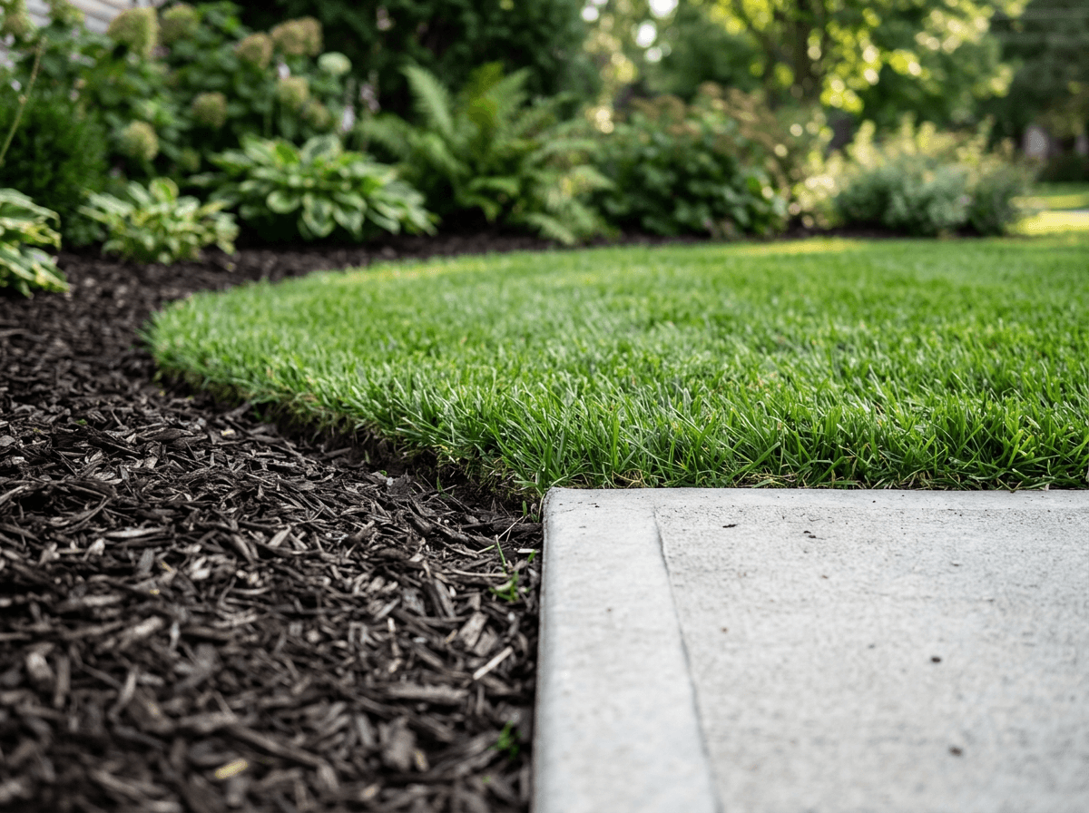 Freshly mowed green lawn with a crisp edge beside a walkway and mulched bed
