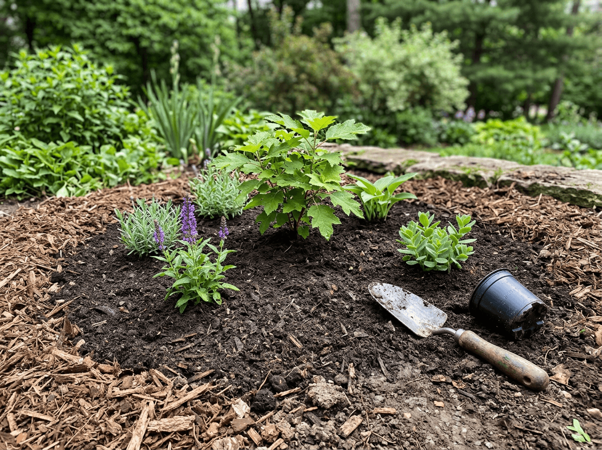 Newly planted perennials and a young shrub in a freshly mulched garden bed