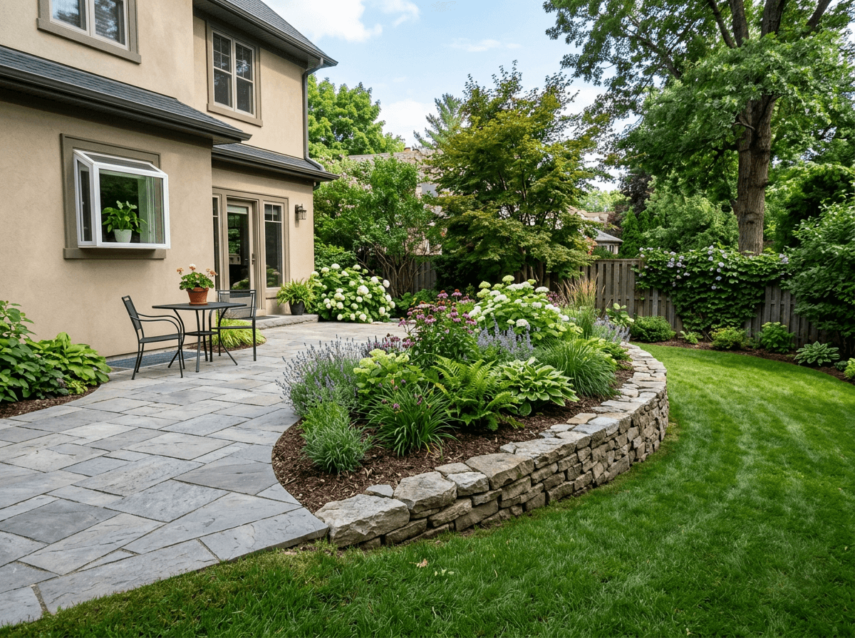 Stone paver patio with a low retaining wall surrounded by garden beds and lawn