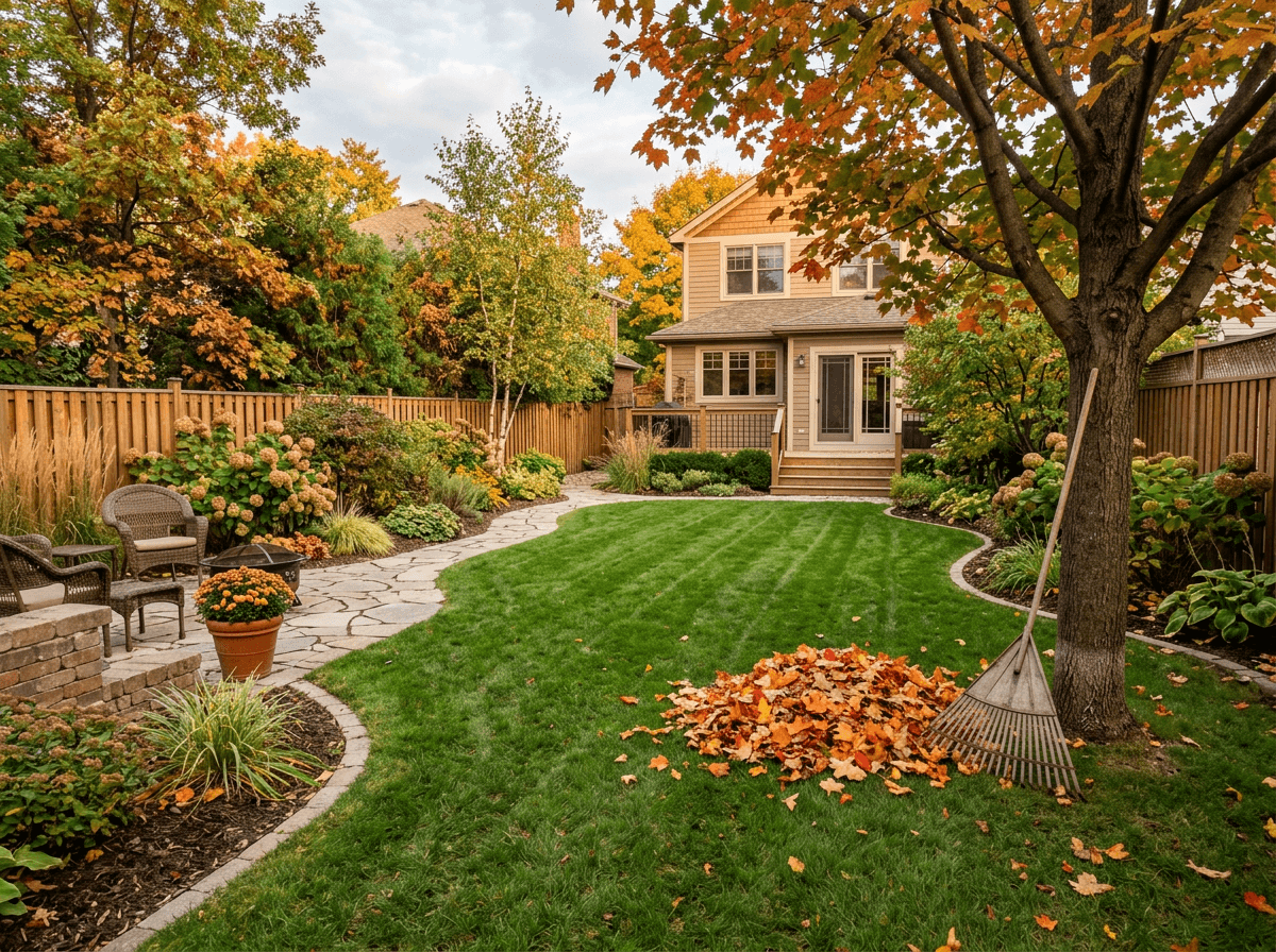 Tidy backyard after an autumn cleanup with a small pile of leaves and a rake